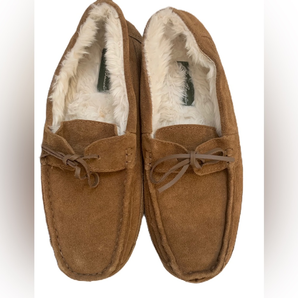 EDDIE BAUER Suede Tan Brown  Lined w/ Faux Fur Slippers Moccasins Men's Sz 11/12